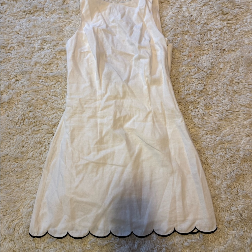 Meshki Sofiane Scalloped Linen Mini Sleeveless Dress with Black Trim